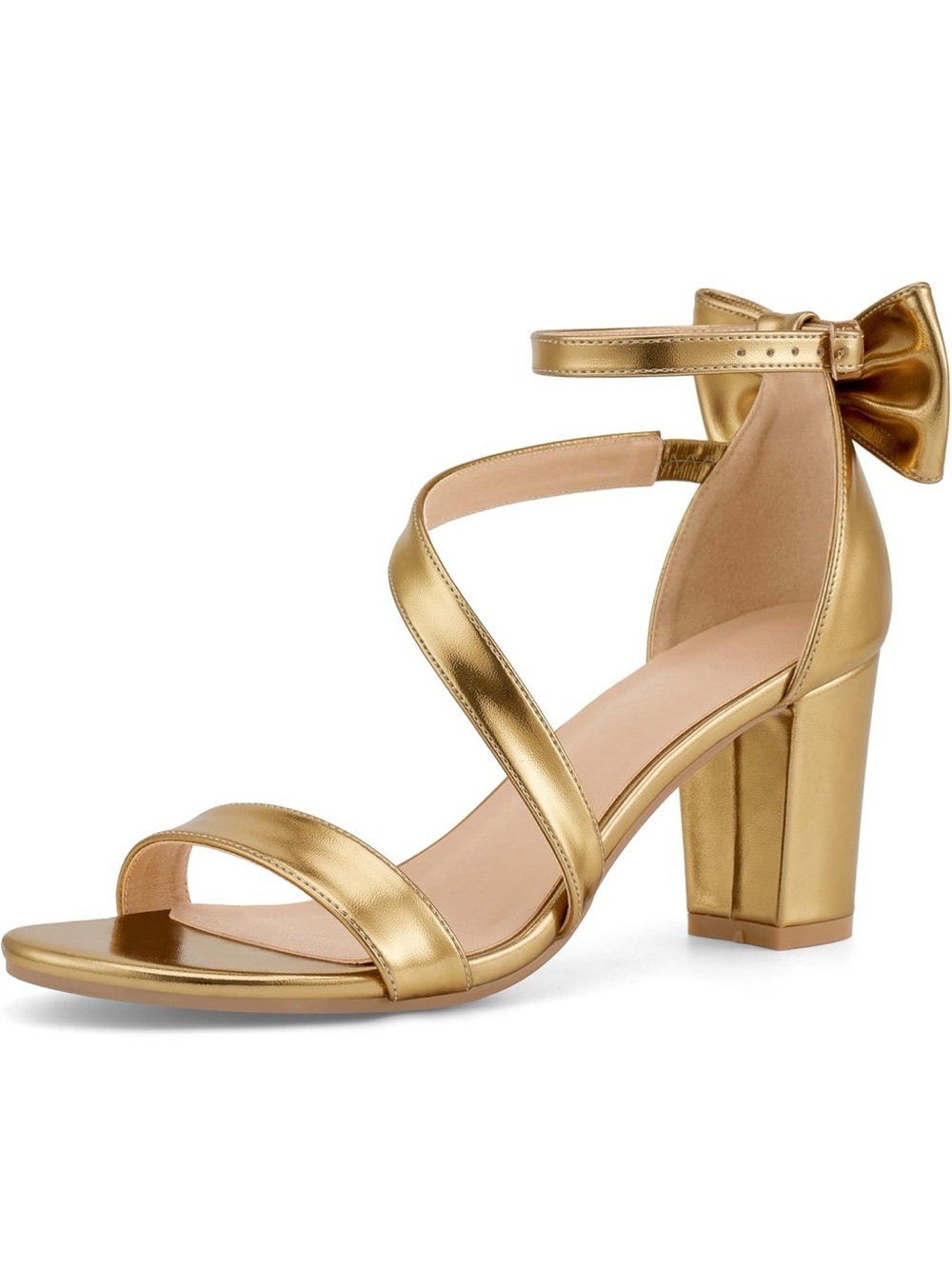 Reimferce Gold Metallic Block Heel Strappy Sandal with Ankle Bow